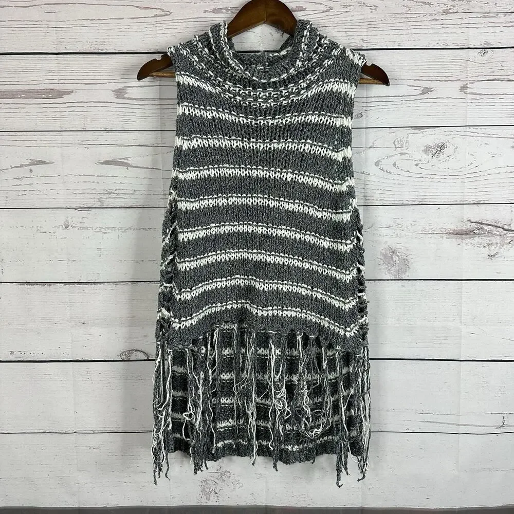 Free People Sweater Womens Small Blue Folksong‎ Fringe Vest Loose Knit Top